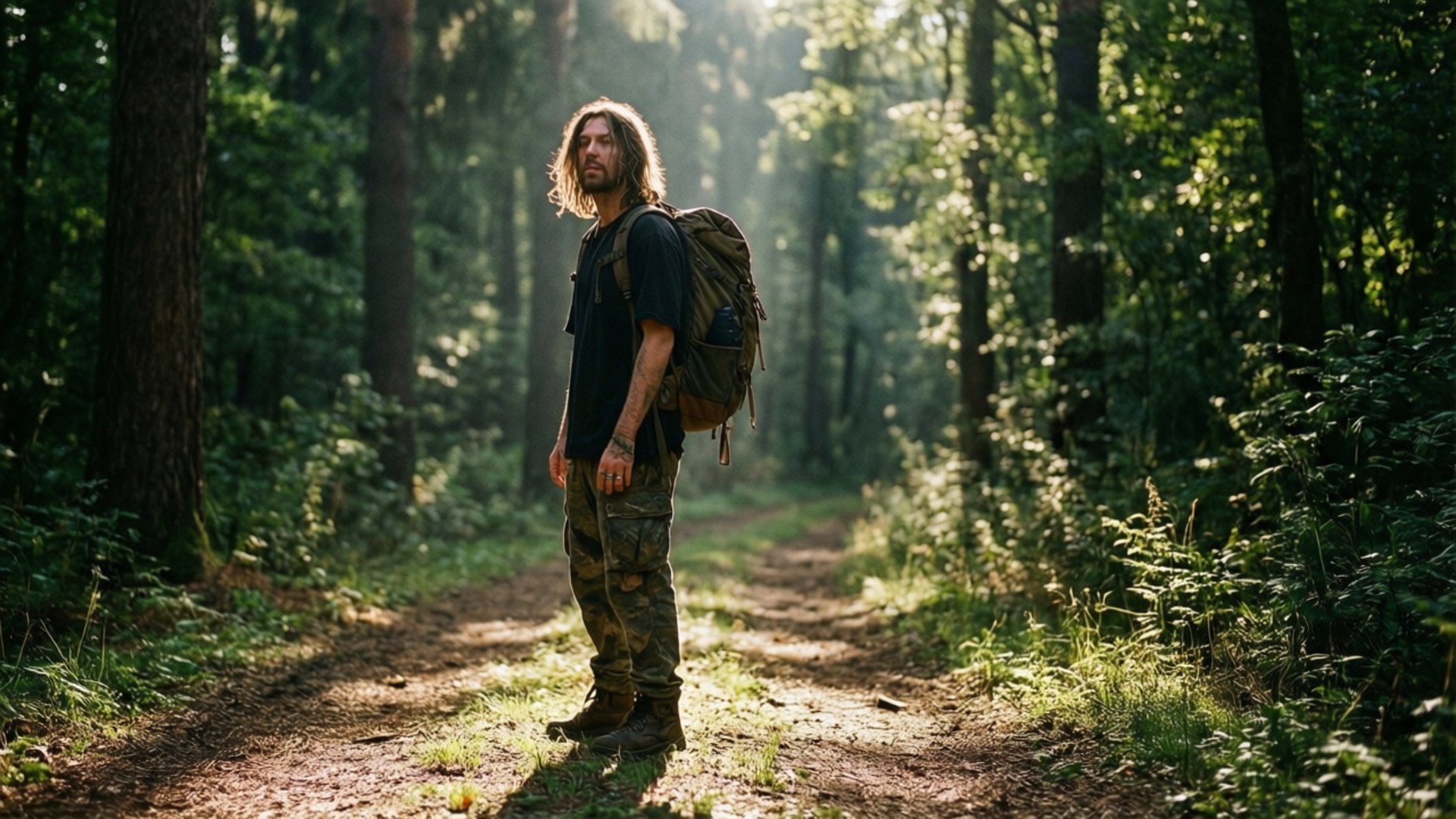 Forest Path 壁紙 — 一個留鬍子的男人背著背包站在陽光普照的森林小徑上，周圍是高聳的樹木和斑駁的光線。