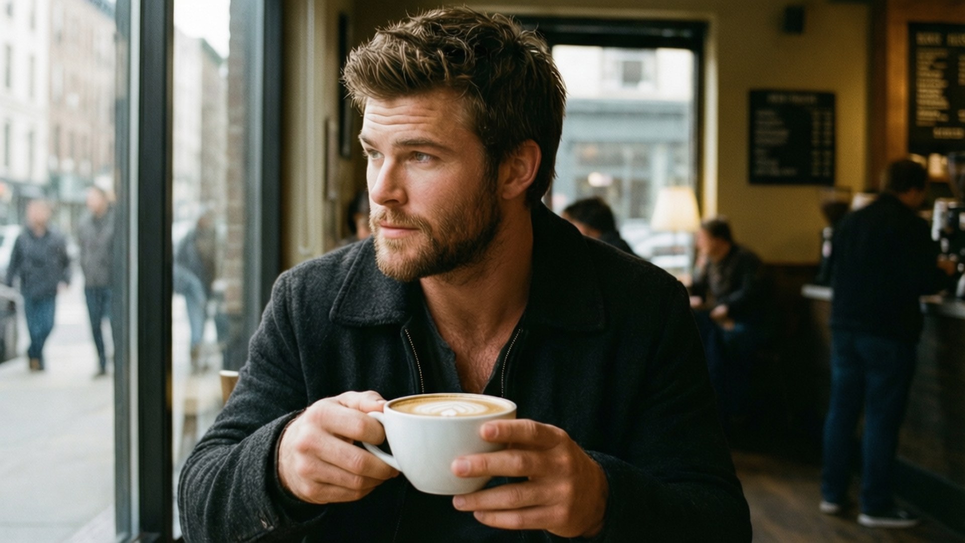 Morning Coffee Candid 壁紙 — 一個留鬍子的男人在舒適的咖啡館裡拿著一杯拿鐵，若有所思地望著窗外行人。