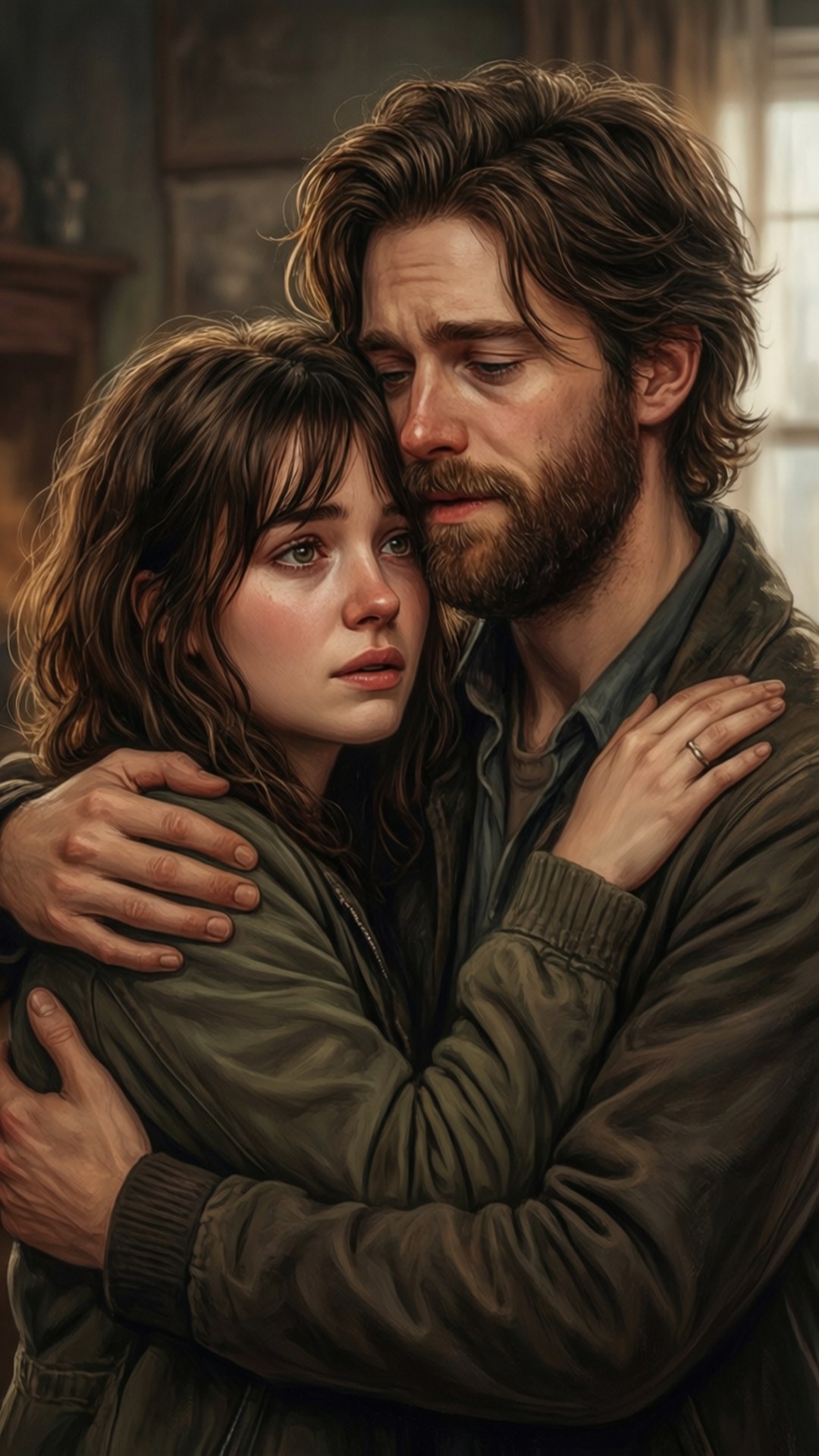 Emotional Hug Scene 壁紙 — 一個留鬍子的男人在溫暖的室內環境中擁抱一個穿著橄欖綠外套的流淚女人。