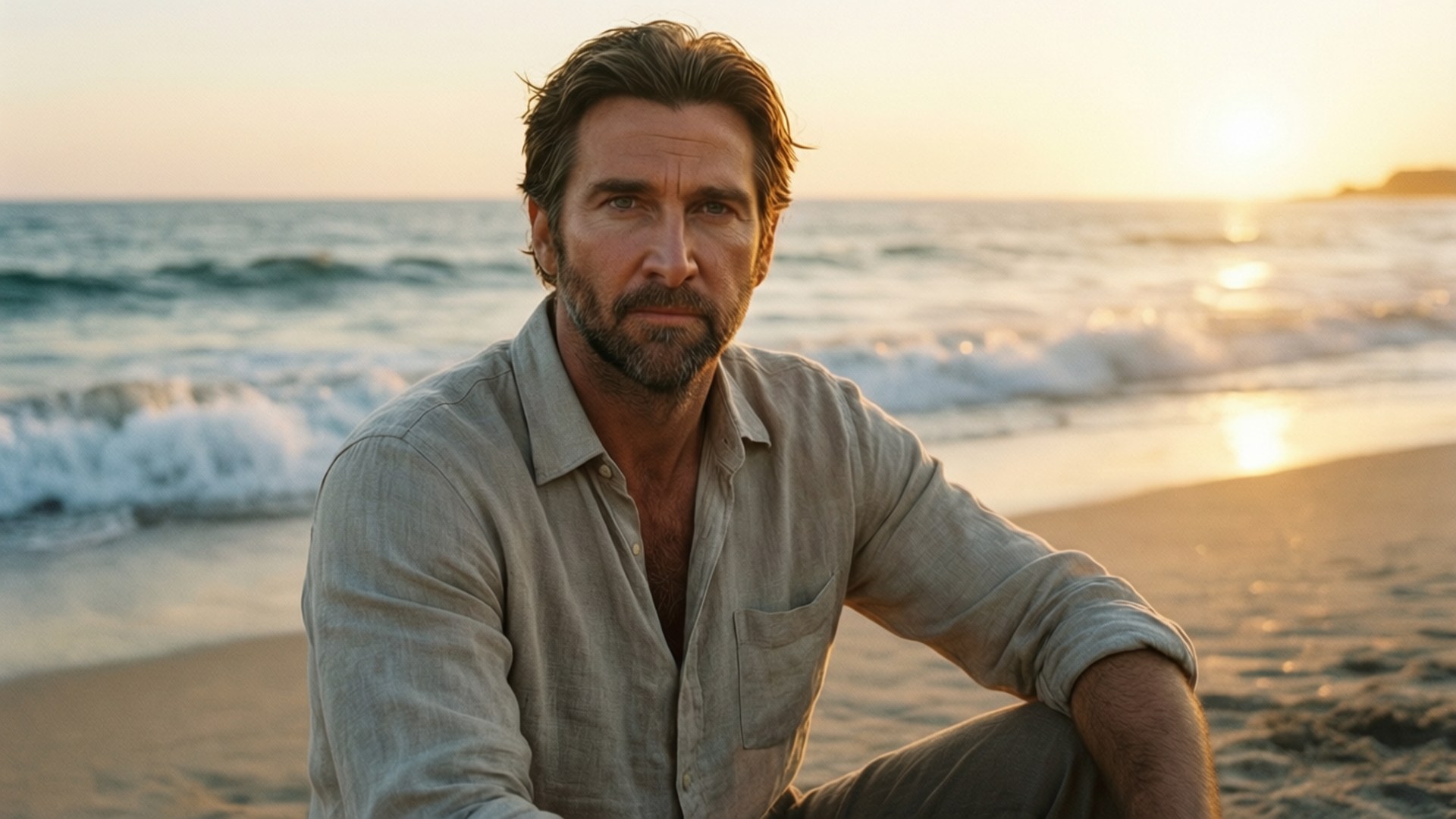 Beach Sunset Serenity 壁紙 — 一個留鬍子的男人坐在沙灘上，背後是金色夕陽下拍打的海浪。