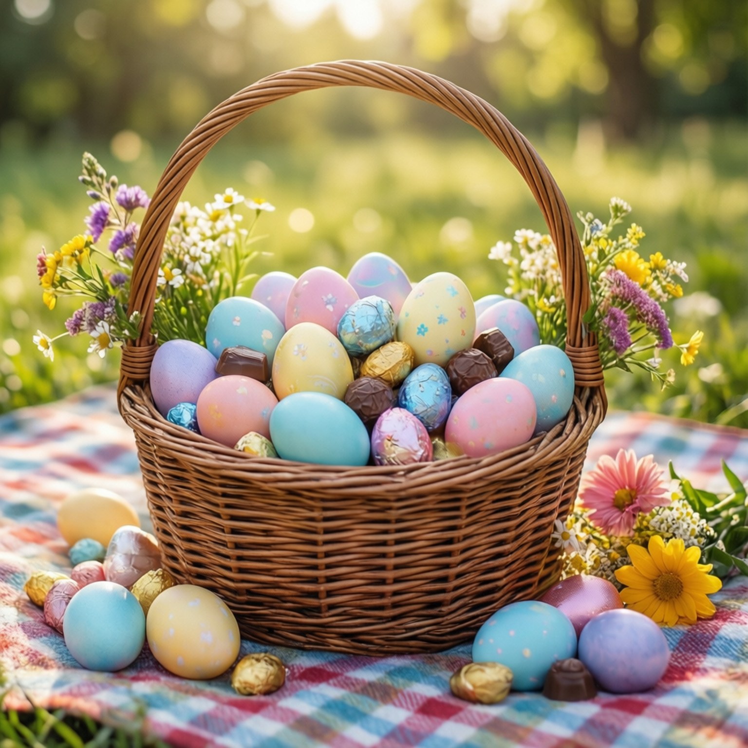 Easter Basket 壁紙 — 一個柳條籃子裝滿了粉彩復活節彩蛋和巧克力美食，放在格紋毯上，周圍是春天的花朵和陽光照耀的草地。