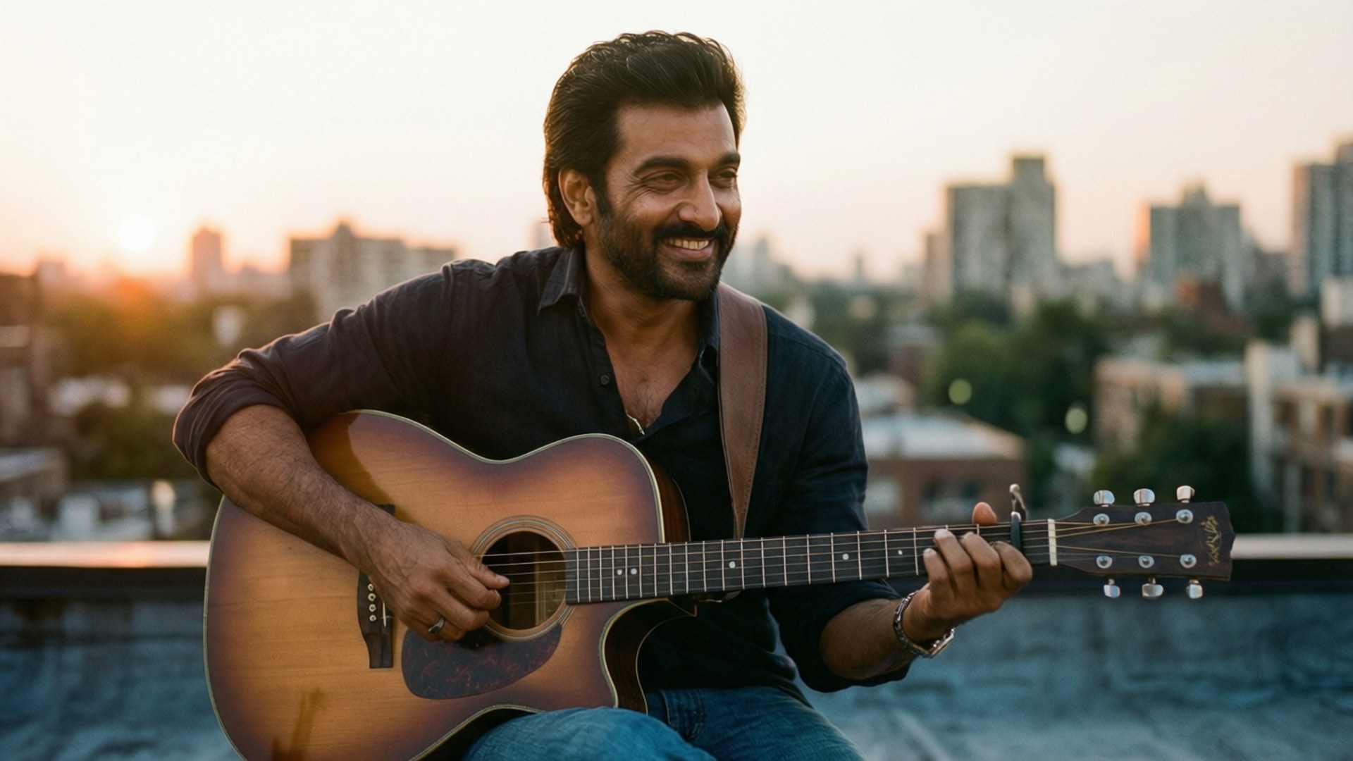 Rooftop Melodies 壁紙 — 一個留鬍鬚的男人在日落時分在天臺上彈奏木吉他，微笑著，背後是城市天際線。