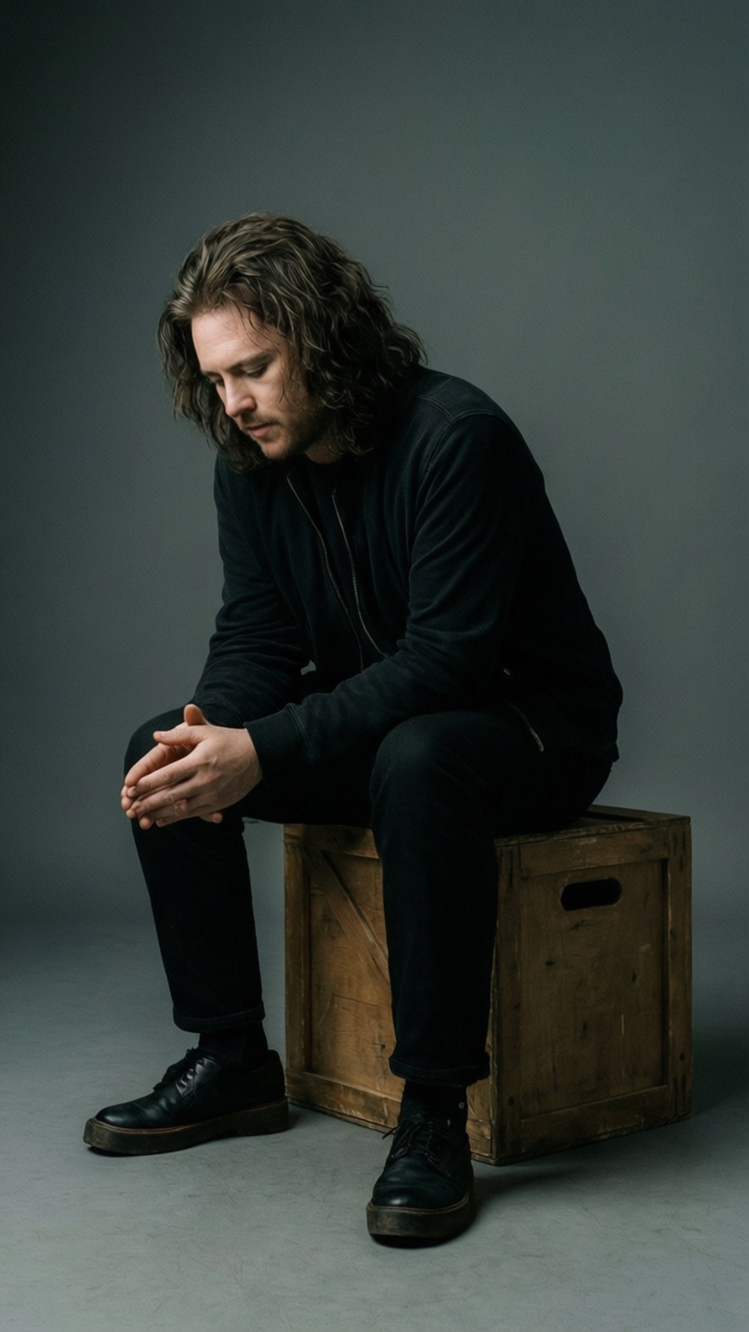 Contemplative Mood 壁紙 — 一個留著長波浪頭髮的男人沉思地坐在一個風化的木箱上，背景是柔和的灰色攝影棚。