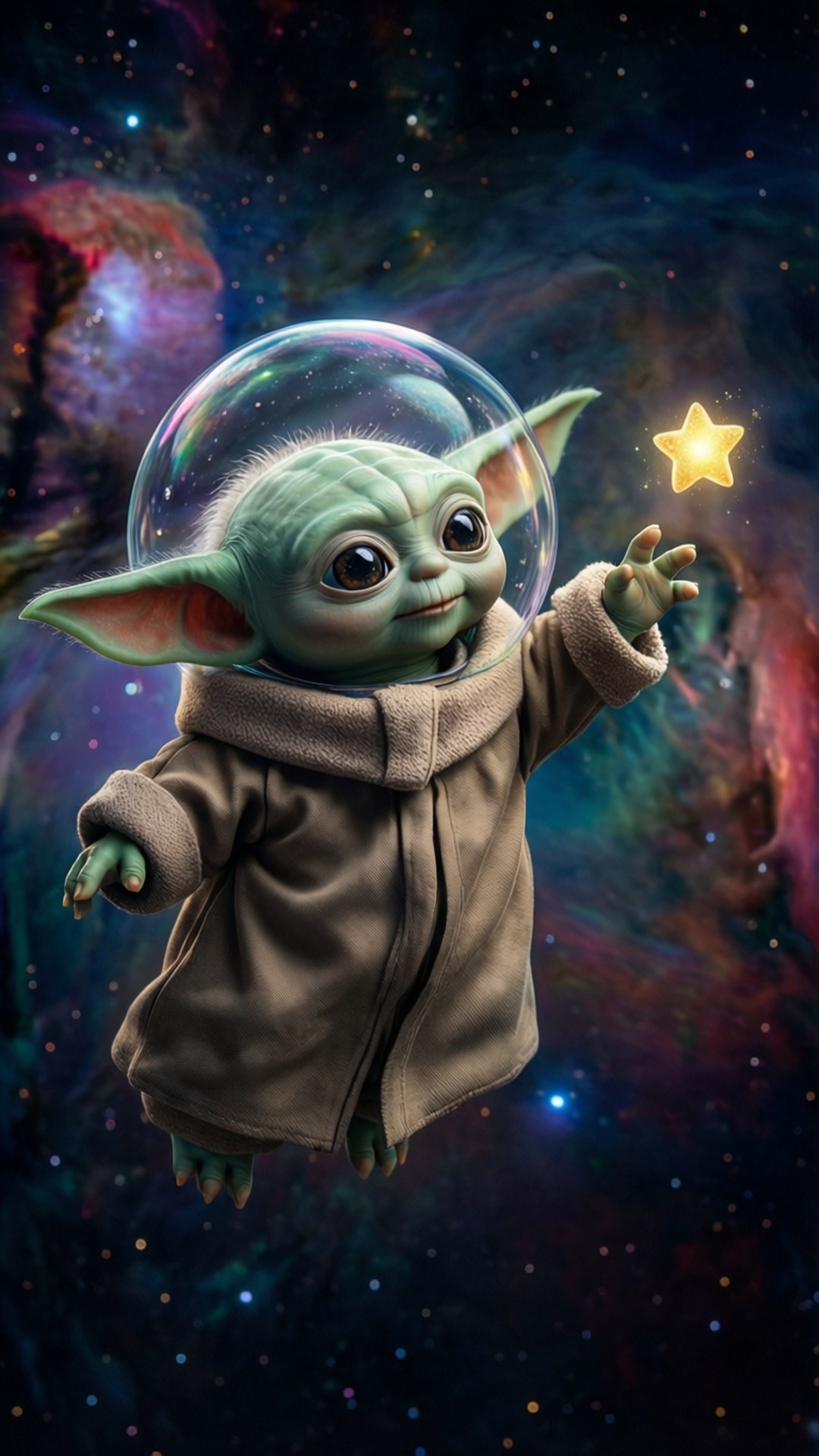 Reaching for the Stars 壁紙 — 一個綠色的小尤達在泡泡頭盔中漂浮在太空，伸手去抓一顆發光的星星，背景是色彩繽紛的星雲。