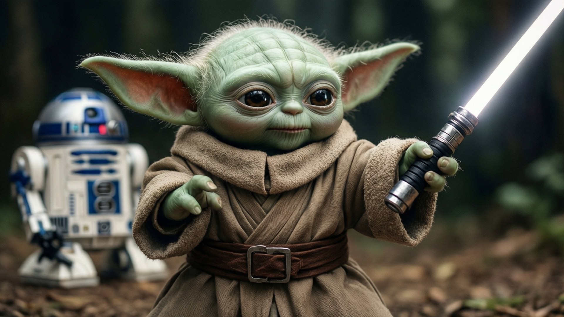 Jedi in Training 壁紙 — 一個綠色皮膚、大耳朵的小孩拿著發光的光劍，而一個機器人站在後面的森林中。