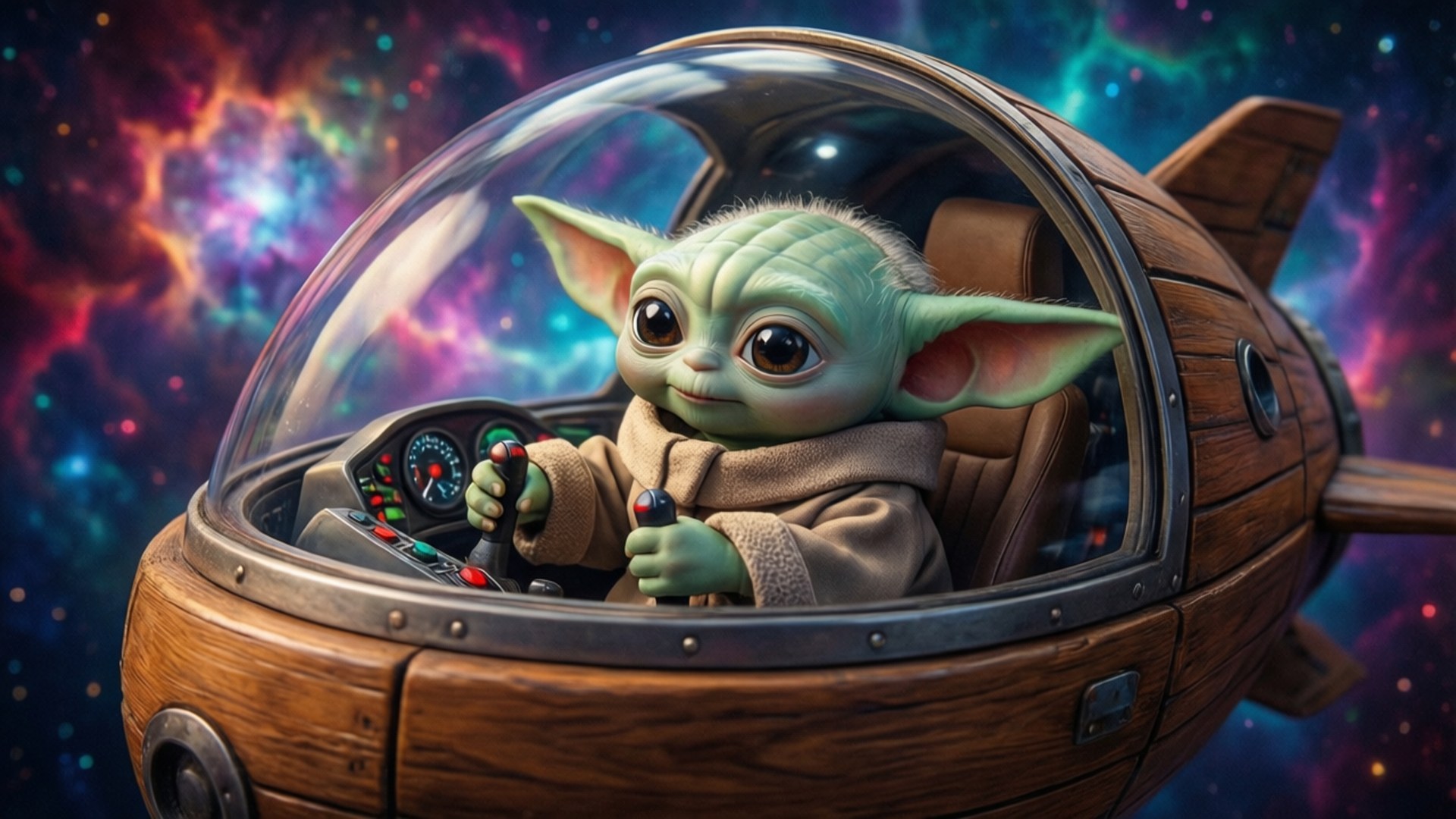 Baby Yoda Space Pilot 壁紙 — 一個綠色皮膚的嬰兒尤達駕駛著一艘木製太空船，穿越充滿旋轉紫色、粉紅色和藍色的生動宇宙星雲。