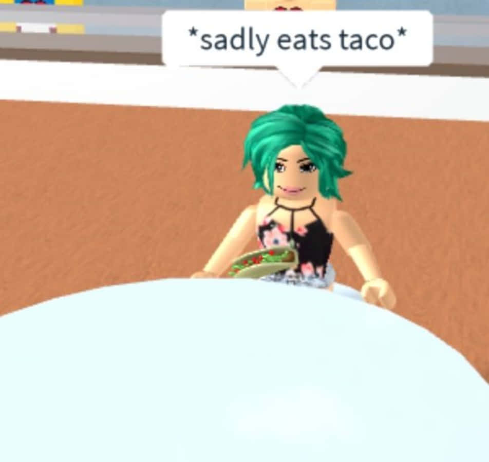綠色頭髮的Roblox虛擬角色帶著悲傷的表情吃墨西哥捲餅。 — Meme 壁紙