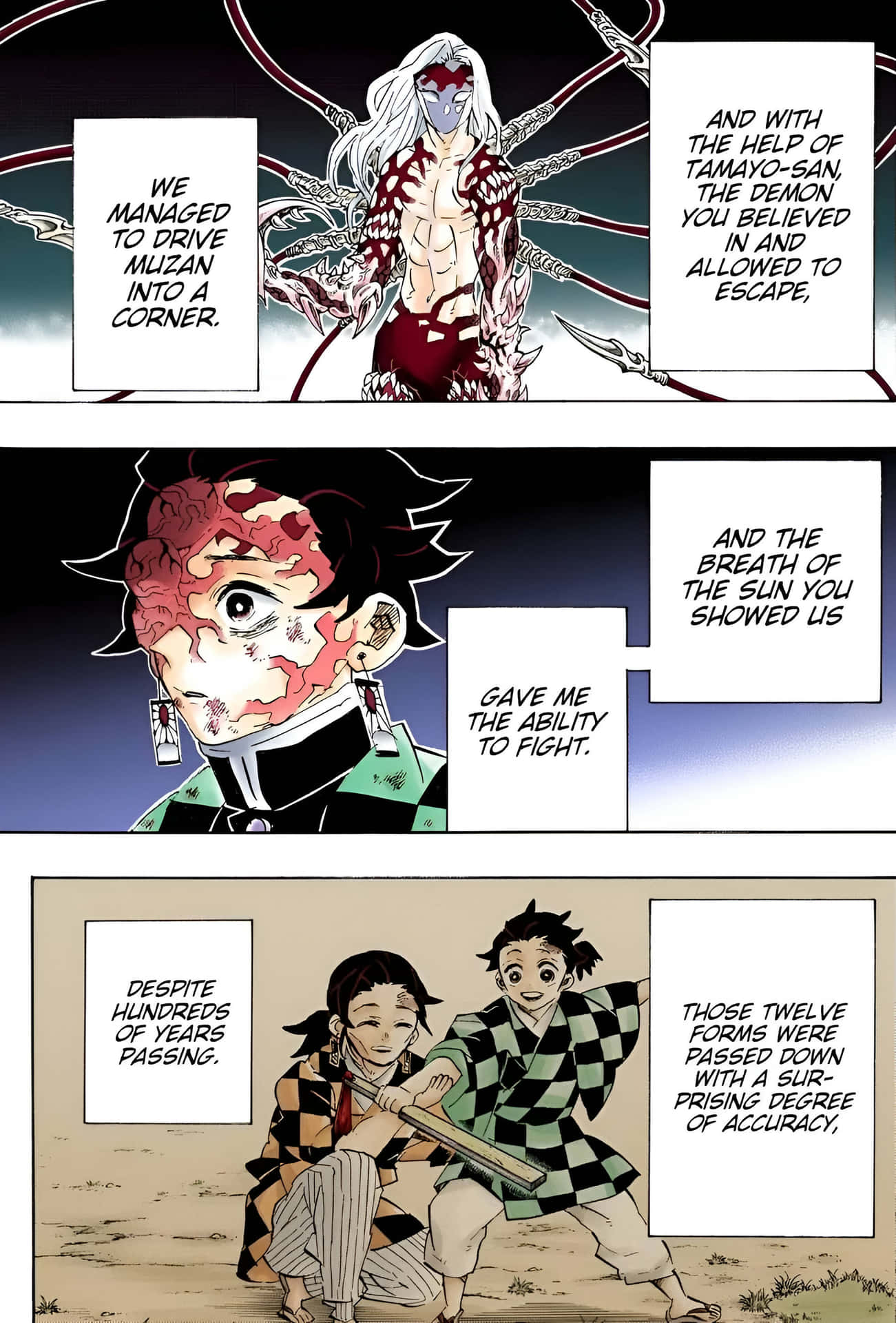 壁紙 — 一個漫畫格顯示一個白髮紅紋的惡魔般人物、一個臉上帶疤的男孩，以及兩個穿著格子衫拿著劍的小孩。