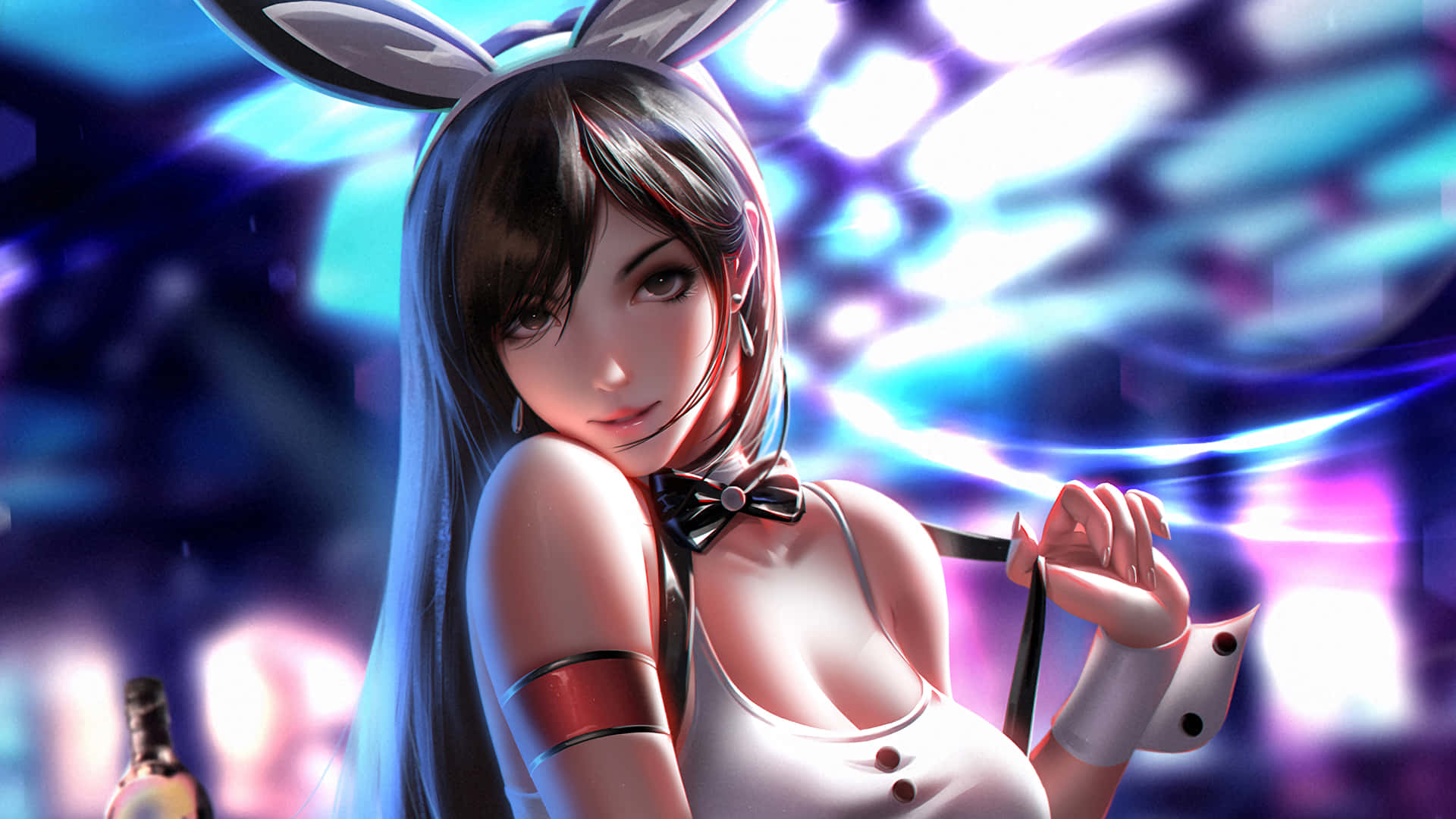 動漫女孩穿著兔子裝，在霓虹夜景中拿著手杖 — 最終幻想7 壁紙