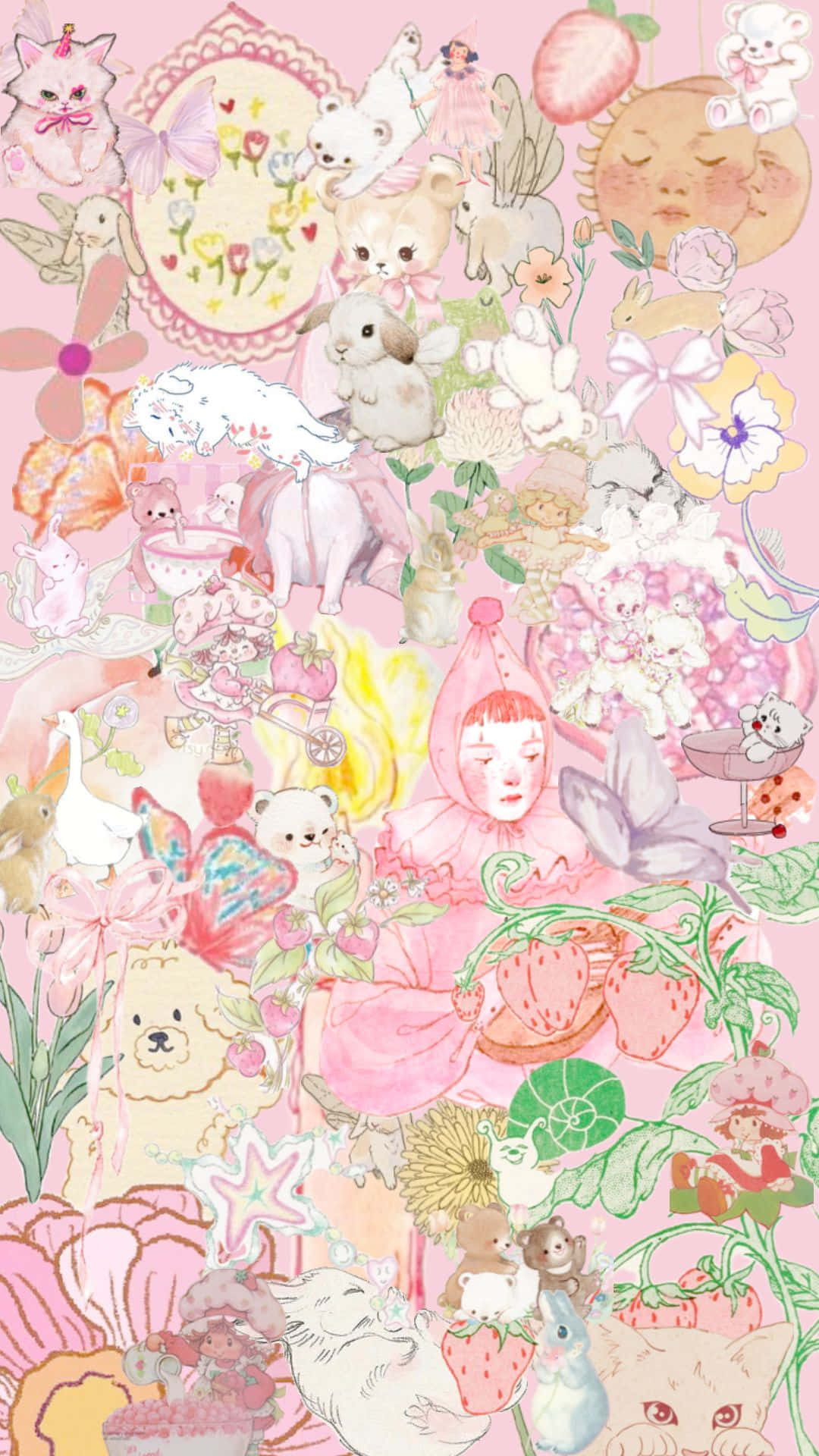  壁紙 — 一個夢幻粉紅世界中漂浮著可愛動物、花朵和仙女的異想天開粉彩拼貼畫。