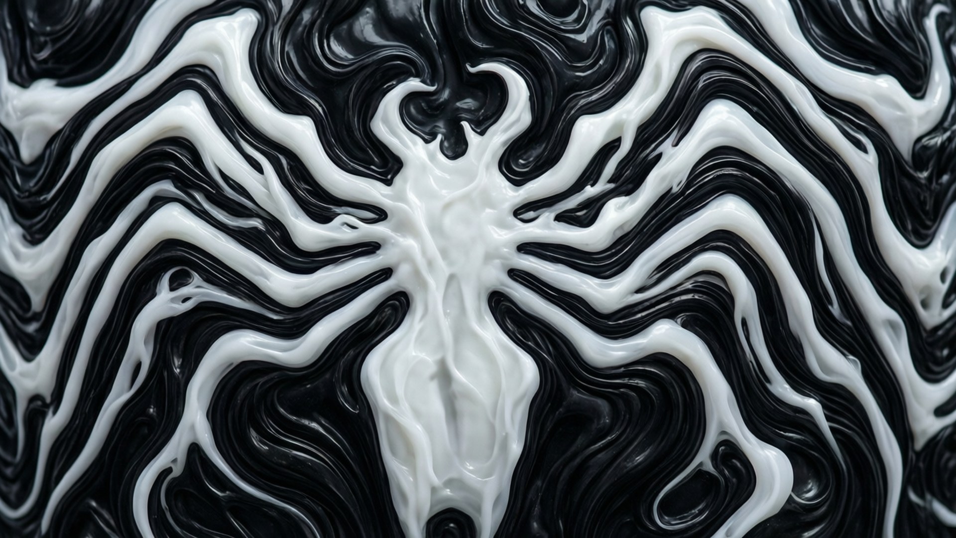 Symbiote Abstract 壁紙 — 一個迷人的抽象圖案，由光澤的黑色和白色液體漩渦向中央白色形狀匯聚而成。