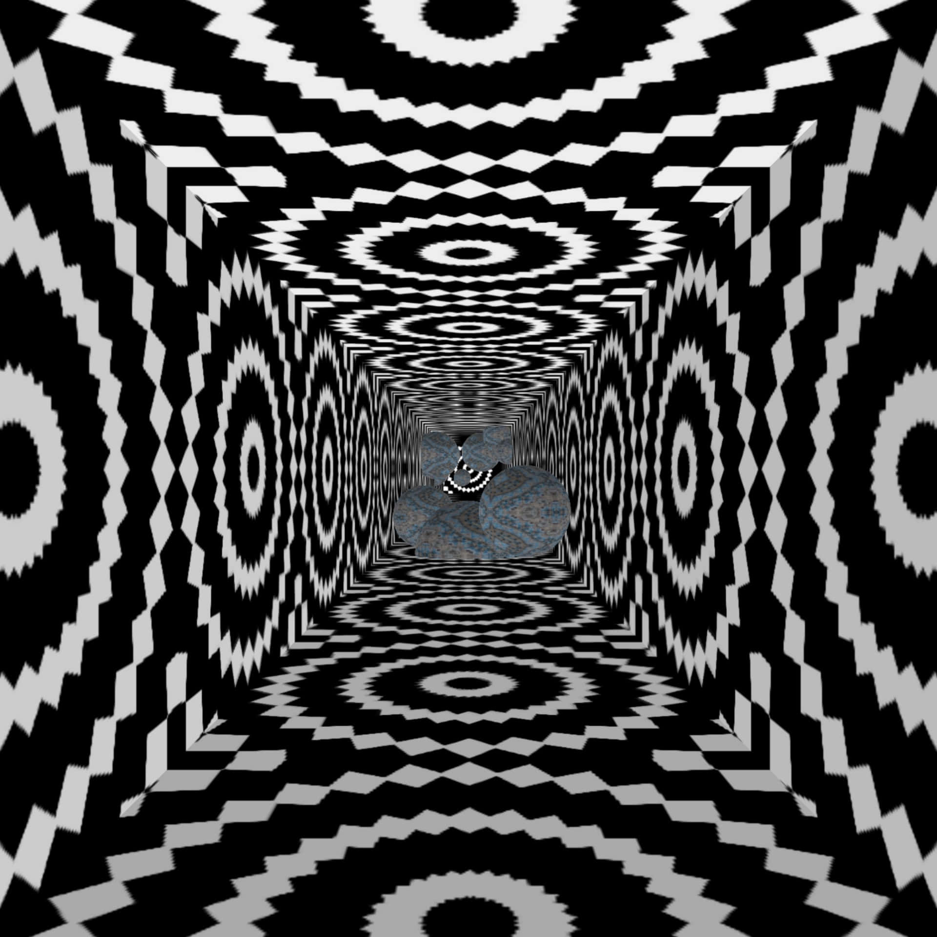 黑白幾何隧道，重複圖案通向中央的石球。 — 3D 壁紙