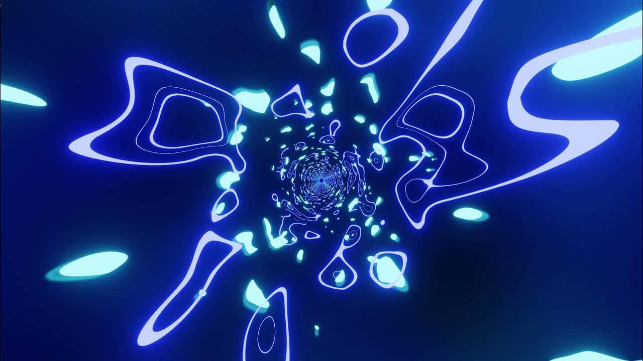  壁紙 — 一個迷人的數位隧道，在深藍色虛空中，發光的霓虹藍和青色抽象形狀向內螺旋。