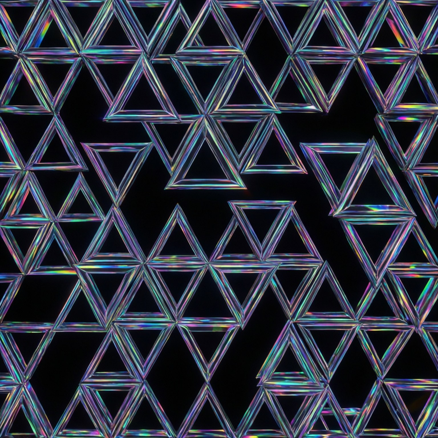 Holographic Prism Triangles 壁紙 — 一個迷人的圖案，由相互交錯的三角形組成，帶有彩虹色邊緣，在深黑色背景上發光。