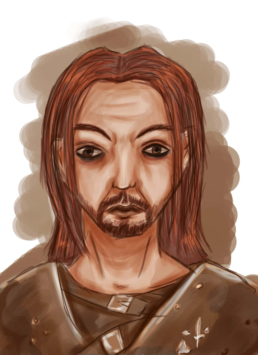 Skyrim Brynjolf 桌布 壁紙 — 一個面容嚴肅、擁有紅棕色頭髮和鬍鬚的男人，穿著一件帶有銀色搭扣的棕色鎧甲上衣，背景是柔和的煙霧狀。