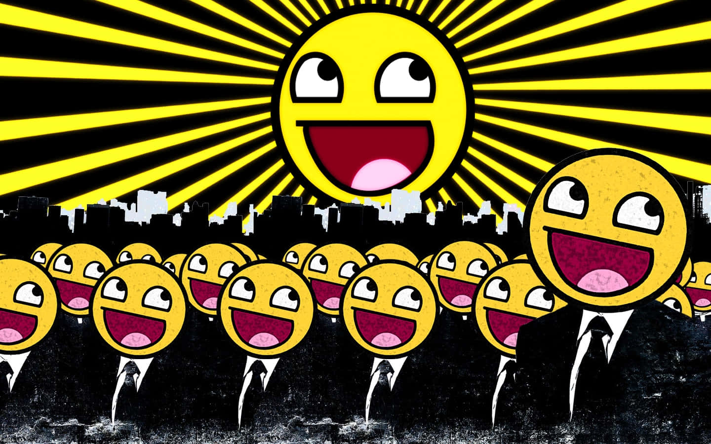  壁紙 — 一個明亮的黃色微笑太陽，散發著光芒，懸浮在一群穿著西裝、咧嘴笑的相同表情符號面孔之上，背景是黑色城市景觀。