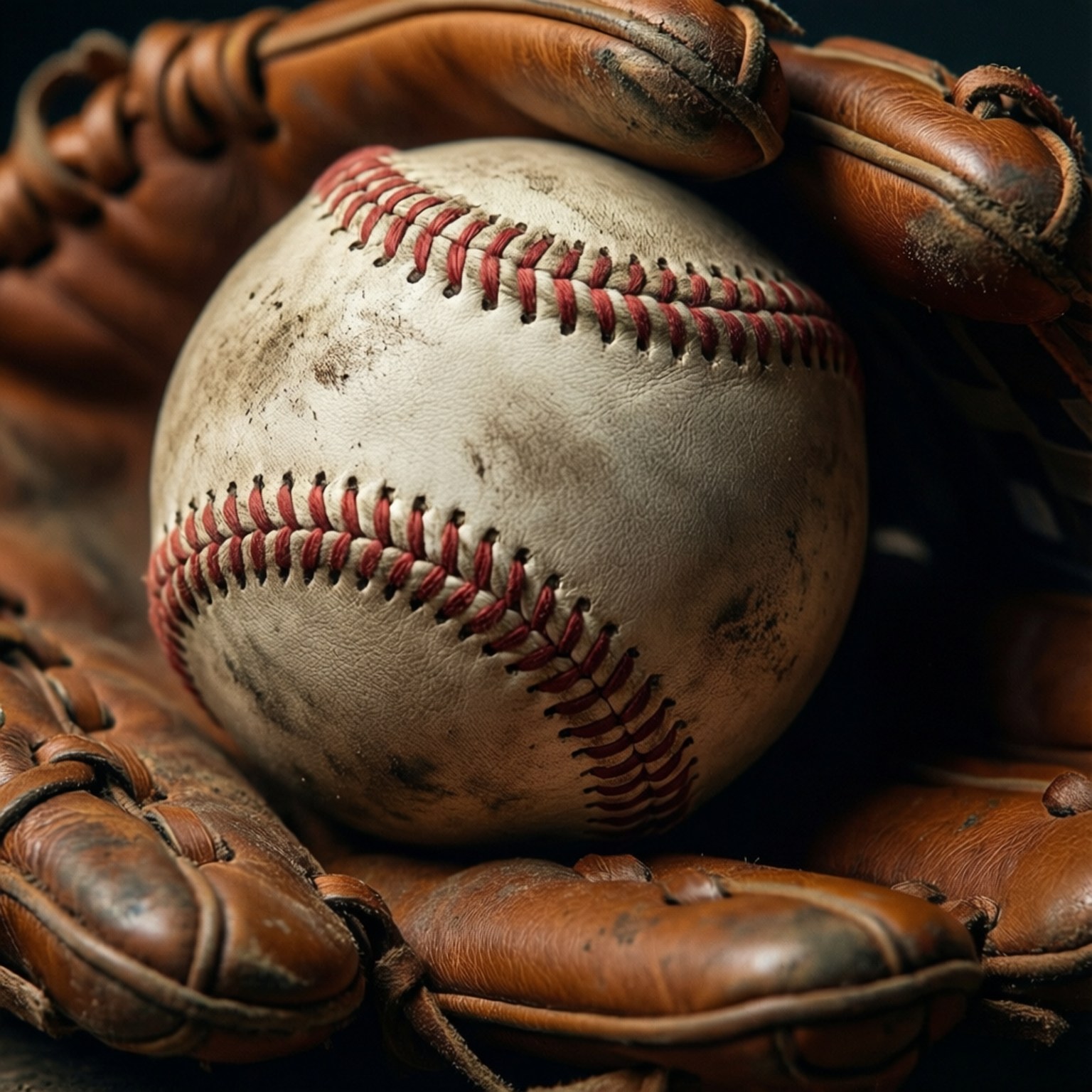 Stitches in the Glove 壁紙 — 一個磨損的棒球，帶有紅色縫線，安放在一個破裂的棕色皮革手套中，在戲劇性的燈光下。