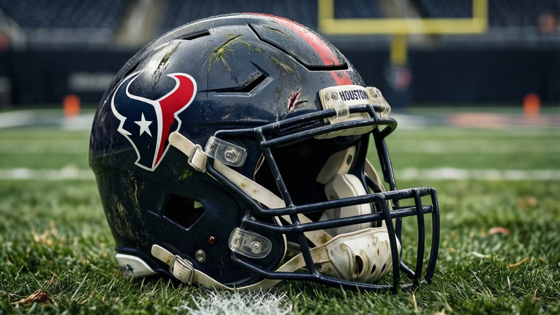 Battle Worn Helmet 壁紙 — 一個磨損的休士頓德州人美式足球頭盔放在充滿活力的綠色草地上，背景是模糊的體育場。