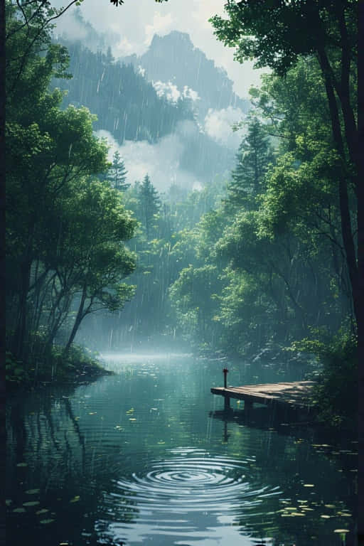 雨滴點綴的森林湖泊中的木製碼頭，周圍環繞著綠樹和薄霧 — 4K 壁紙