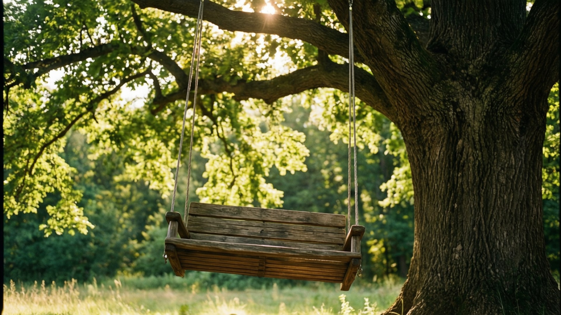 Tree Swing Sunlight 壁紙 — 一個木製鞦韆掛在巨大的樹枝上，陽光透過茂密的綠葉照射下來。