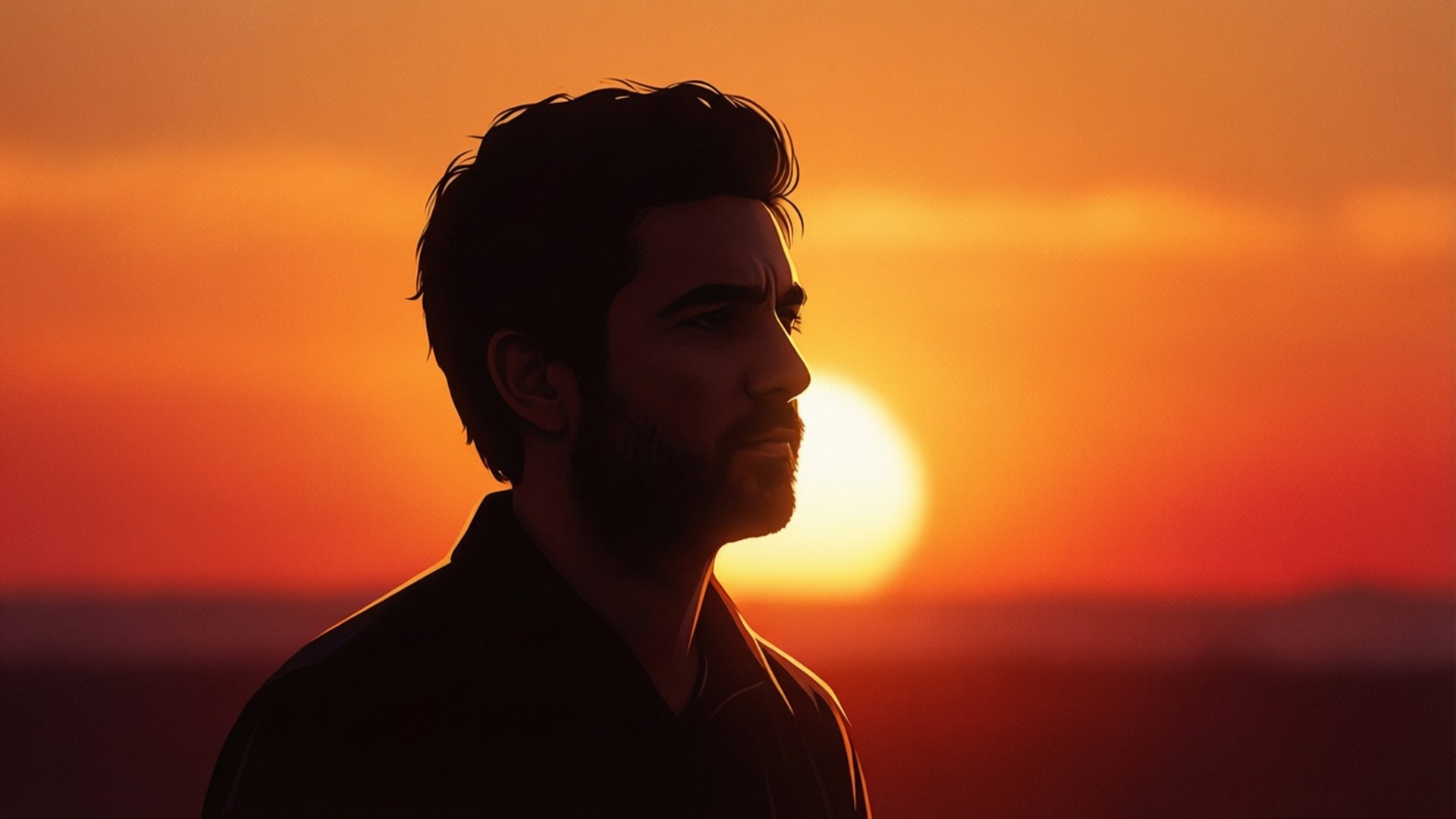Joe Silhouette Sunset 壁紙 — 一個男人的剪影凝視著一顆發光的太陽在溫暖的橙色和紅色色調中落在朦朧的地平線上。