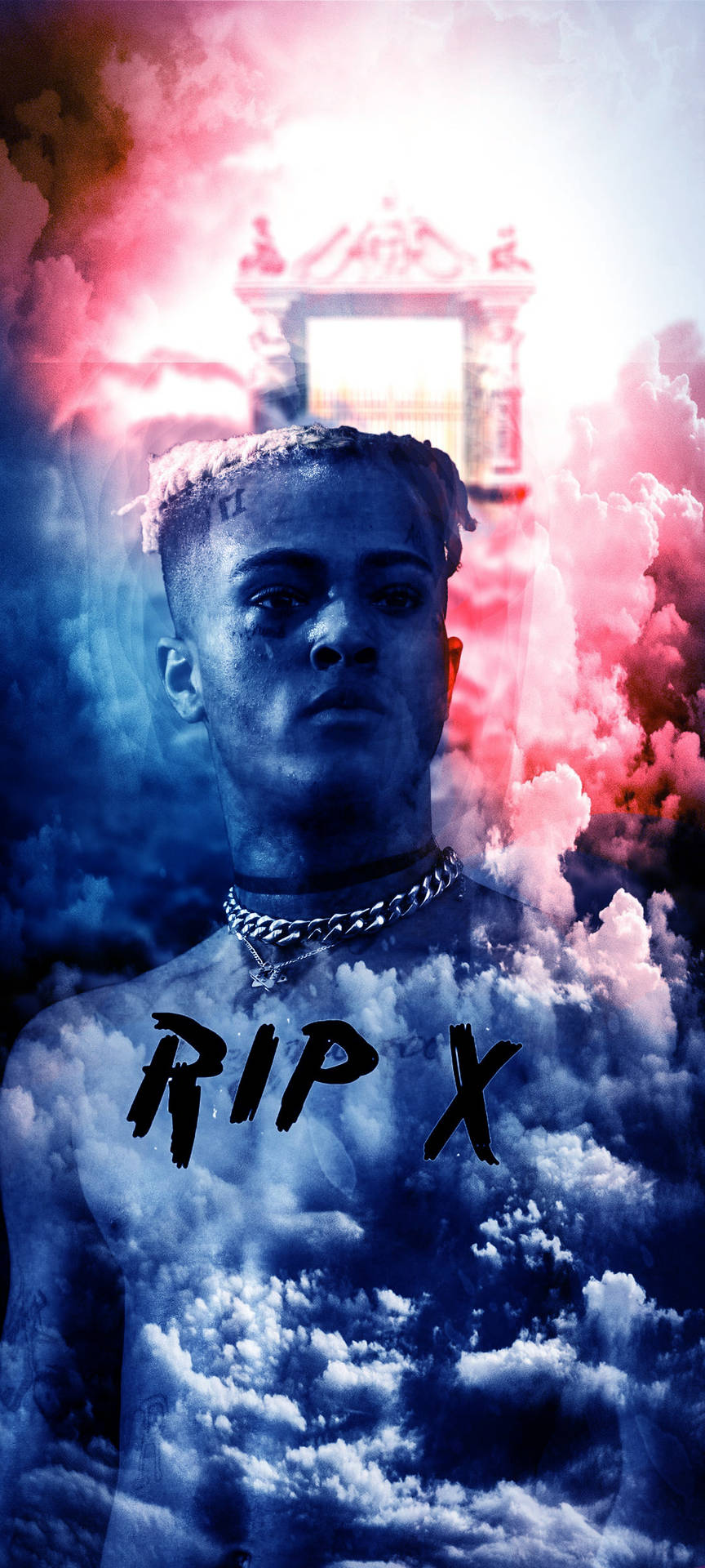 一個男人的肖像，帶有 'RIP X' 文字，背景是陰天和拱門。 — Xxxtentacion 壁紙