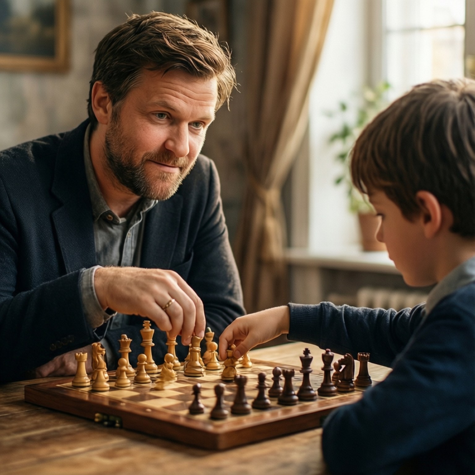 Mentor Moment 壁紙 — 一個男人和一個小男孩在溫暖照明的房間裡，專注於木桌上的棋局。