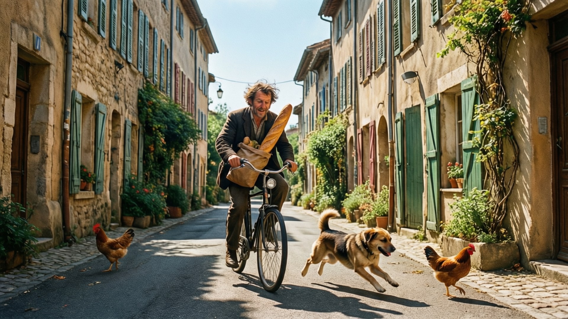French Cinema 桌布 壁紙 — 一個男人騎著腳踏車沿著陽光照耀的鵝卵石街道行駛，拿著一條法國長棍麵包，而一隻狗和雞隻在他周圍自由漫步。