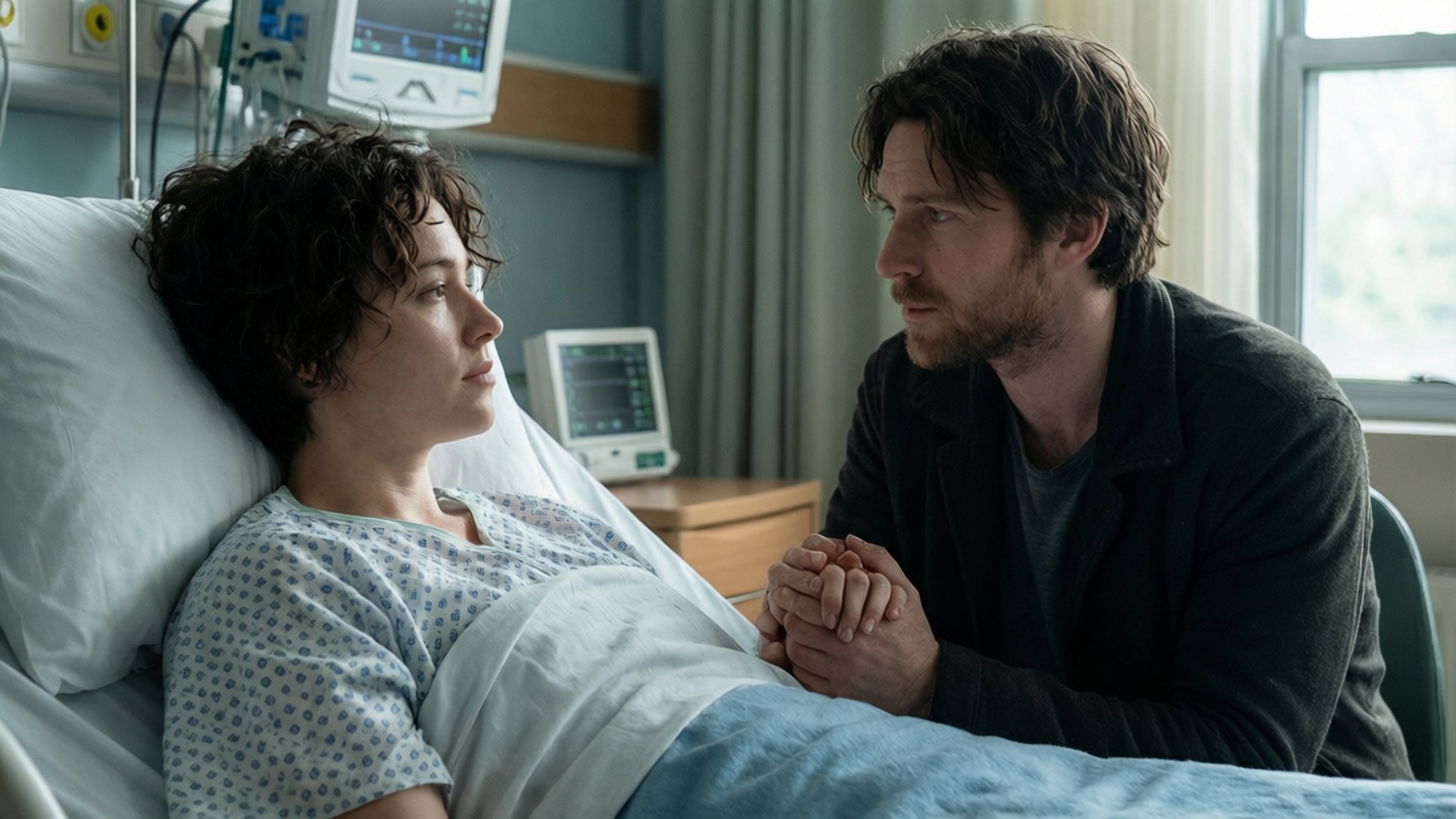 Will and Riley Hospital 壁紙 — 一個男人握住一個女人的手，她躺在醫院的床上，周圍是醫療設備和柔和自然光。