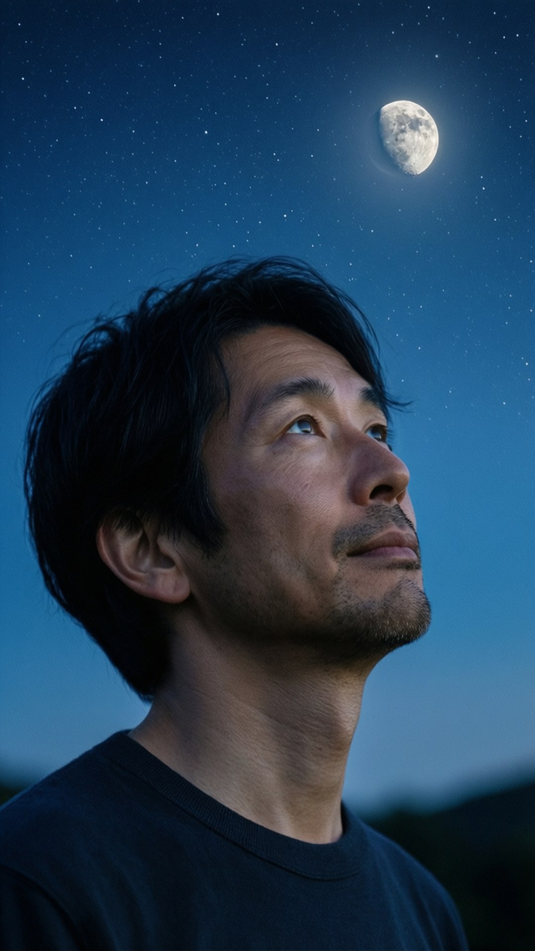 Stargazing Solitude 壁紙 — 一個男人仰望星空，看著一輪明亮的彎月掛在繁星點點的暮色天空中。