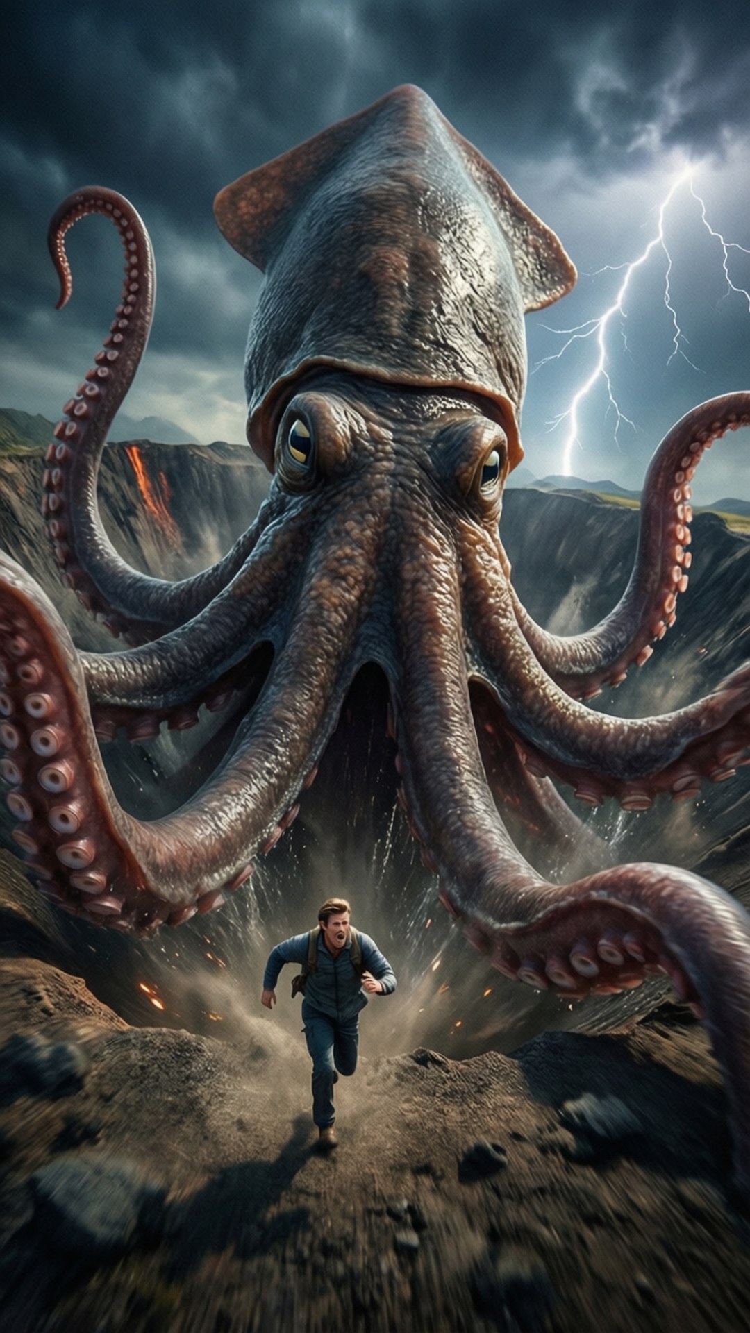 Giant BT Attacks Sam 壁紙 — 一個男人在岩石懸崖上衝刺，一隻巨大的魷魚盤旋在頭頂，閃電在暴風雨的天空中閃爍。