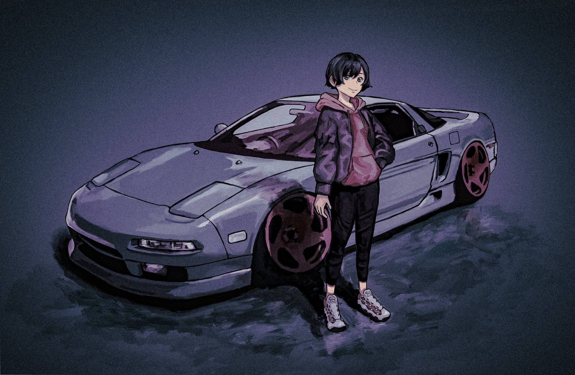 動漫青少年在黑暗的城市環境中站在帶有紅色輪圈的紫色跑車旁邊。 — 動漫車 壁紙