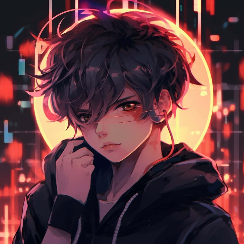  壁紙 — 一個年輕的動漫男孩，黑髮紅眼，穿著黑色連帽衫，背景是發光的霓虹城市景觀。