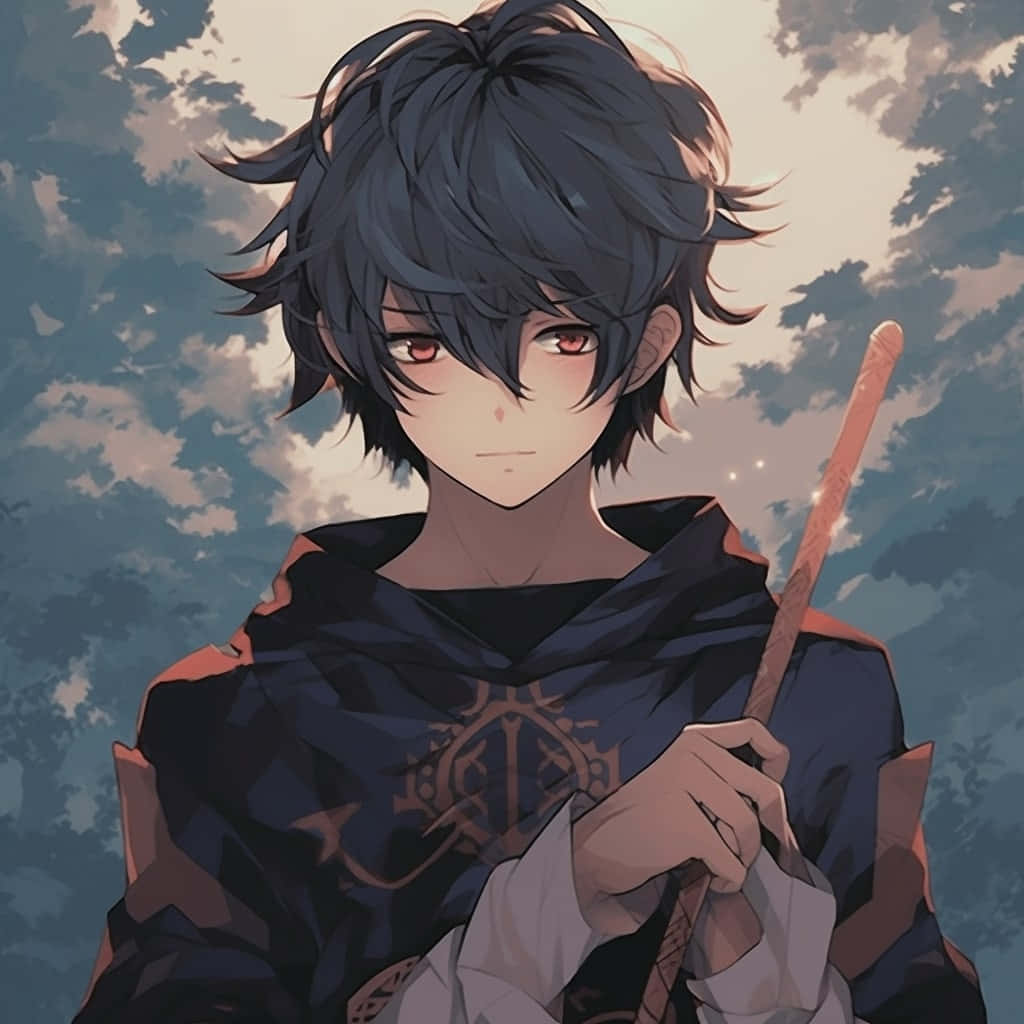  壁紙 — 一個年輕的動漫男孩，黑髮紅眼，手持法杖，背景是陰雲密佈的天空。