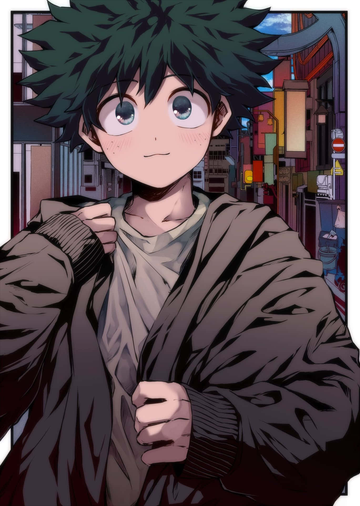  壁紙 — 一個年輕的動漫男孩，擁有尖刺的綠色頭髮和寬闊的藍色眼睛，自信地站在色彩繽紛的城市小巷中。