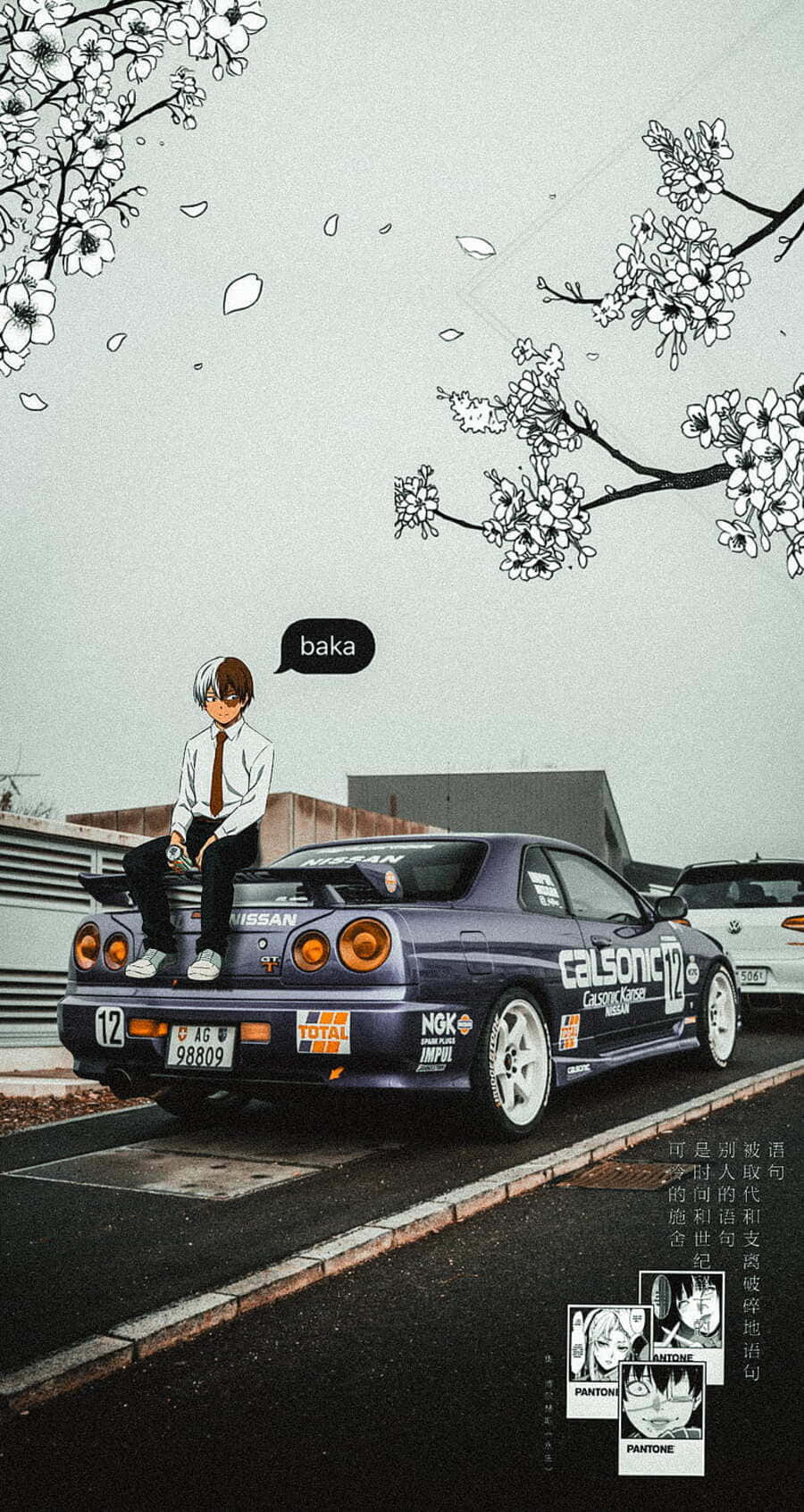  壁紙 — 一個年輕的動漫男孩坐在藍色飄移車上，櫻花飄落，對話框寫著「baka」。