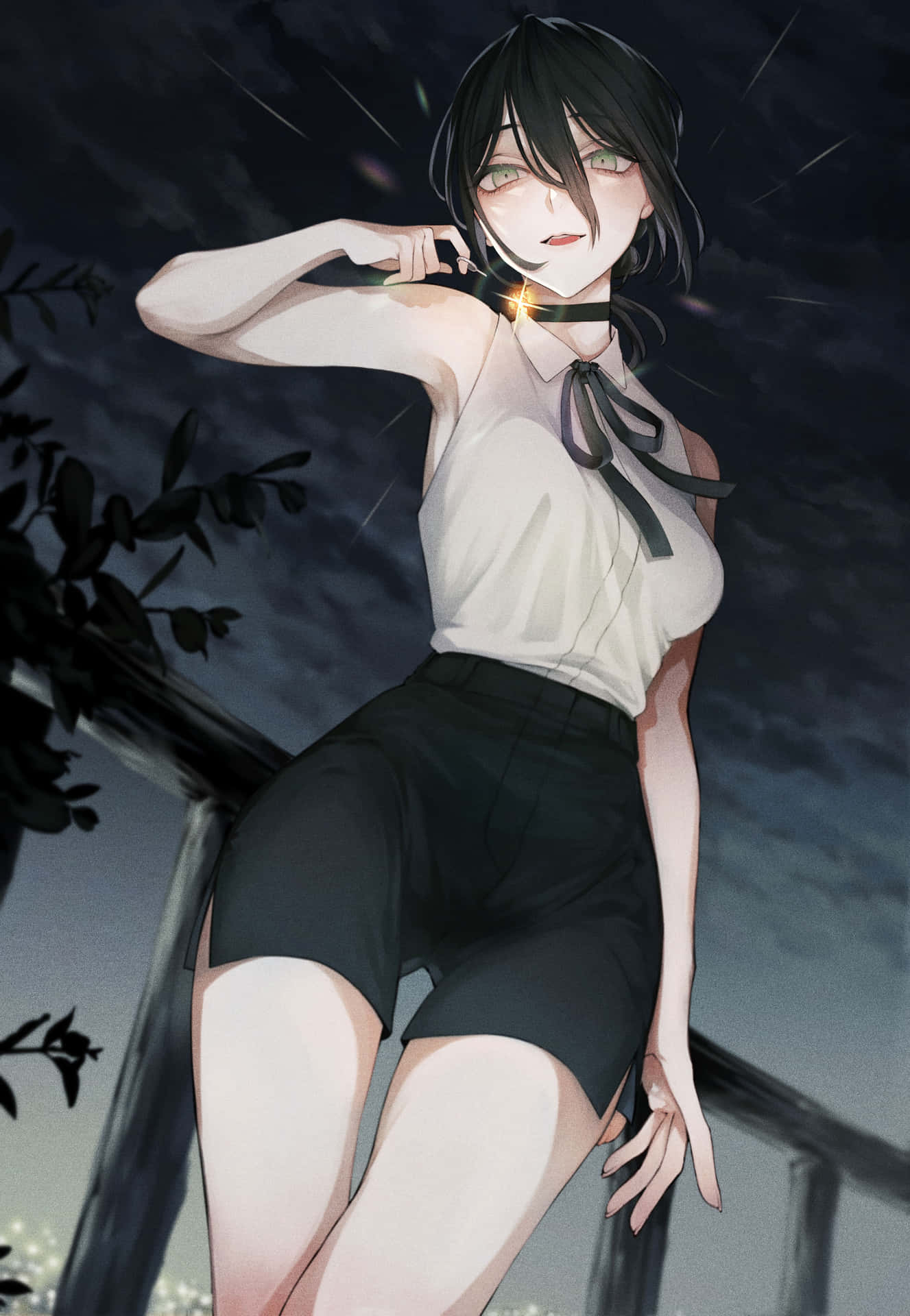  壁紙 — 一個年輕的動漫女孩，黑髮、發光的眼睛，夜晚靠在欄杆上，手持發光的刀刃。
