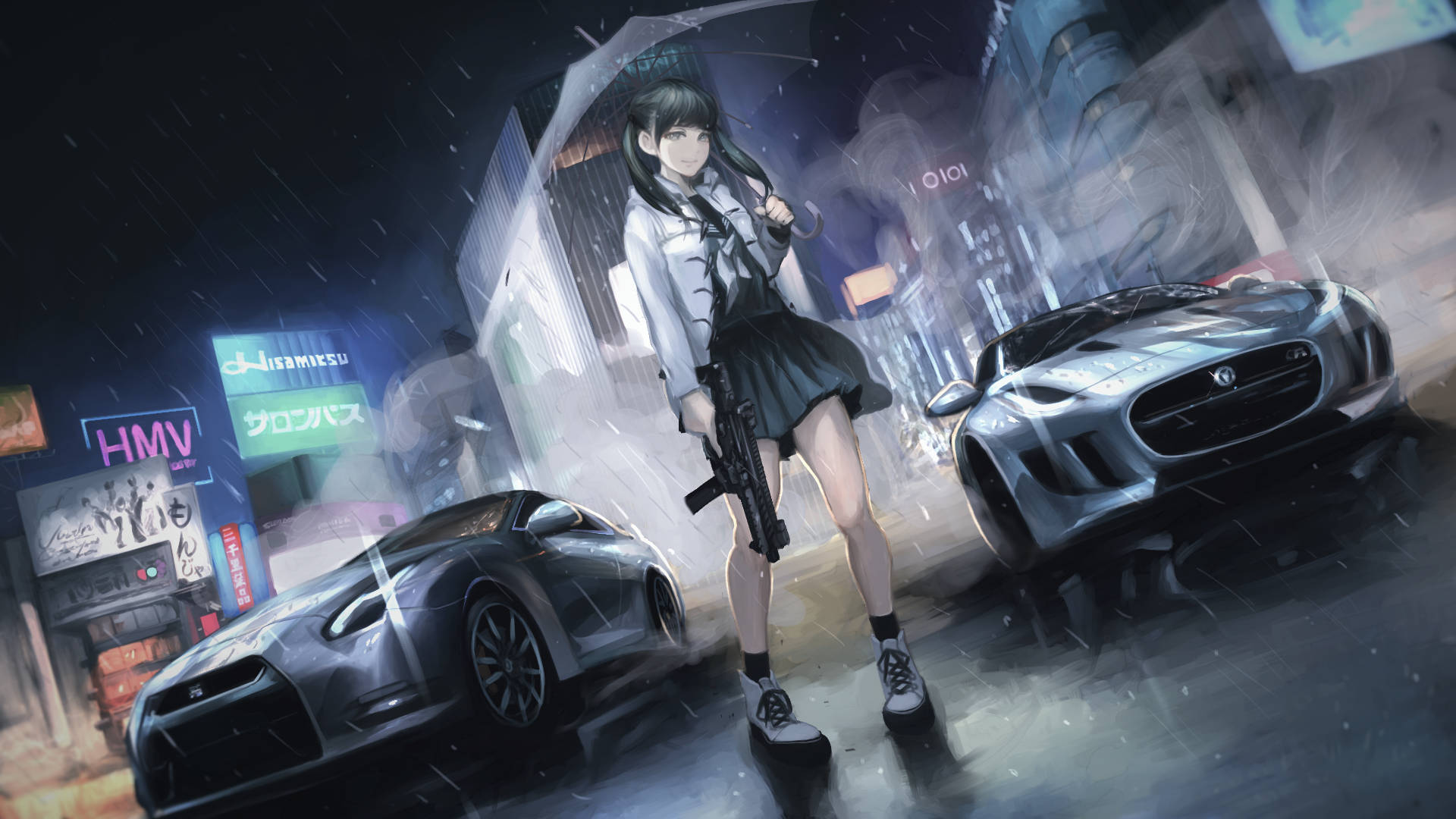 動漫女孩在雨夜霓虹城市中，持步槍站在傘下，旁邊是跑車。 — 動漫汽車 壁紙