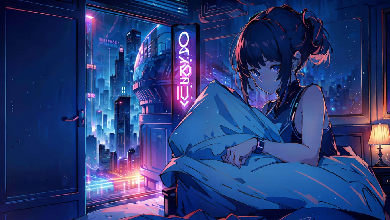  壁紙 — 一個年輕的動漫女孩蜷縮在床上，蓋著藍色被子，望著窗外夜晚閃爍的霓虹賽博朋克城市景觀。