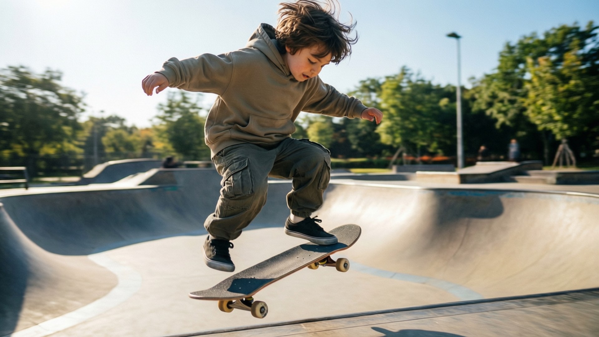 Skate Trick 壁紙 — 一個年輕男孩在陽光明媚的混凝土滑板公園碗池上方騰空滑板。