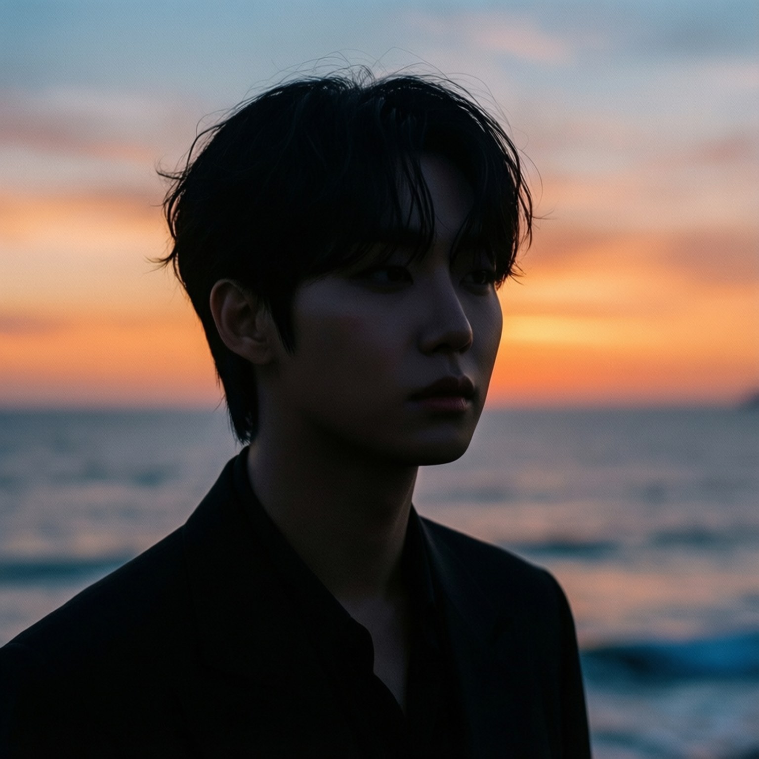 Jonghyun Sunset Silhouette 壁紙 — 一個年輕男子的剪影站在日落時分的海邊，背後是溫暖的橙色和藍色天空。