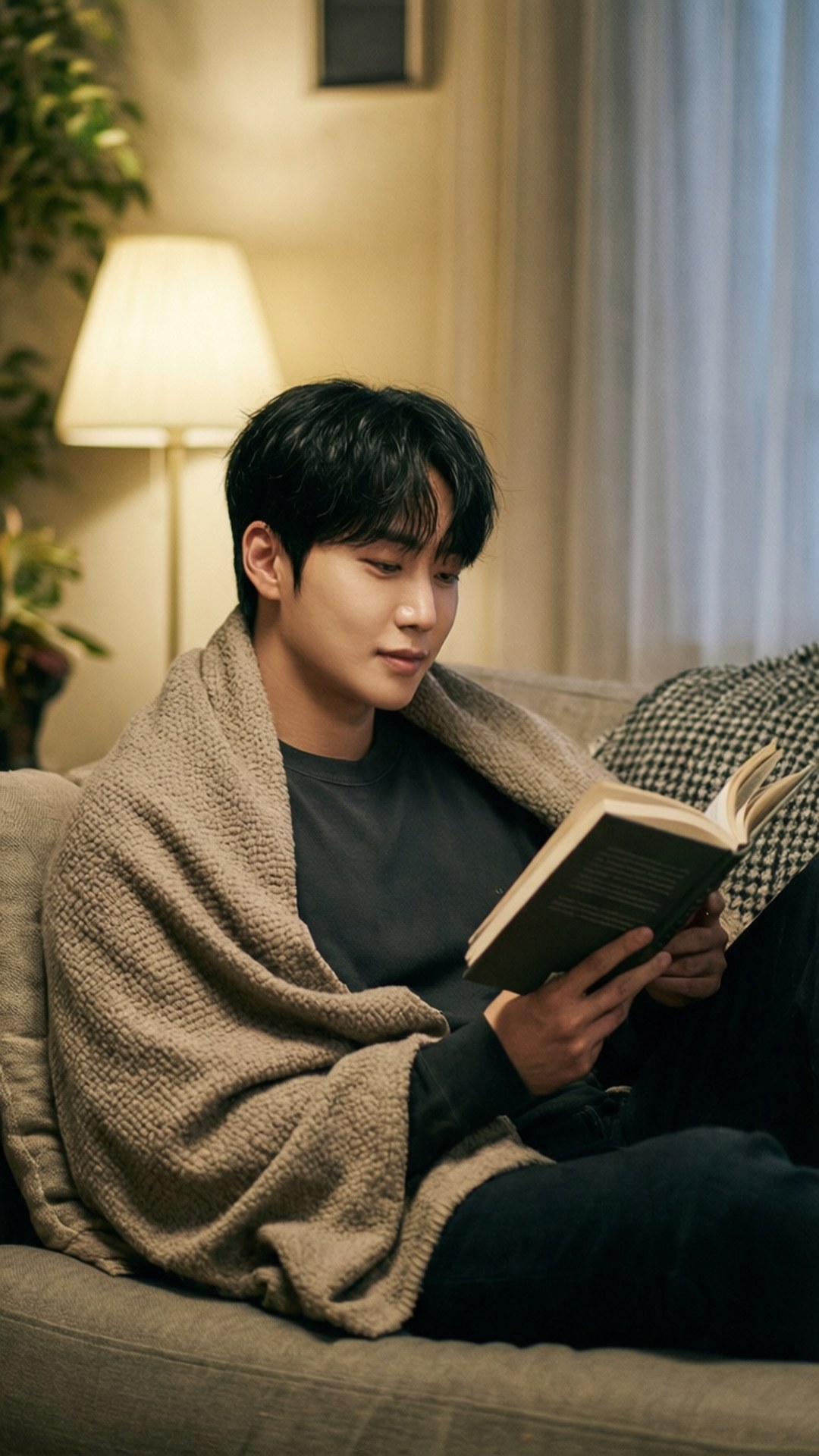 Cozy Reading Nook 壁紙 — 一個年輕男子裹著米色毯子坐在沙發上，在溫暖的燈光下看書。