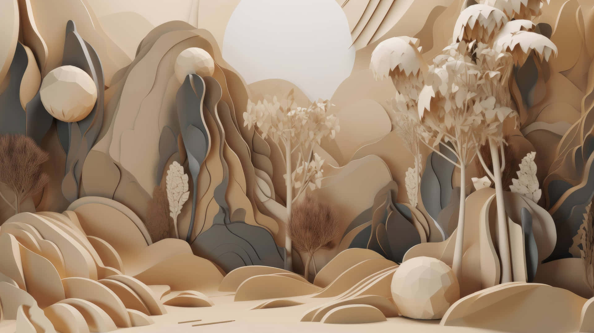  壁紙 — 一個寧靜的3D渲染景觀，由米色和灰色的紙質山丘和樹木層疊而成，下方有一個柔和發光的球體。