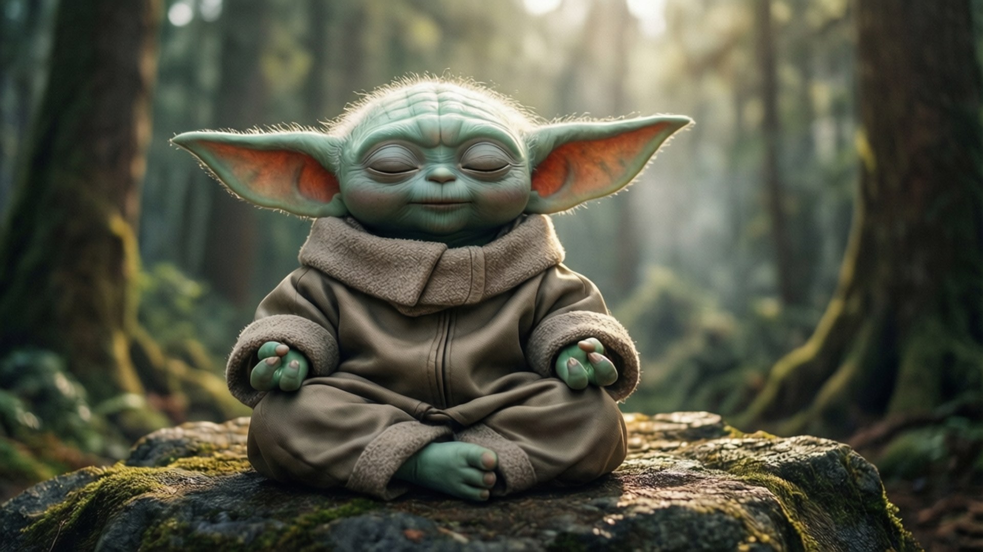 Meditating Baby Yoda 壁紙 — 一個寧靜的綠色 baby yoda 在長滿苔蘚的森林岩石上盤腿冥想，陽光穿過高聳的樹木灑落。