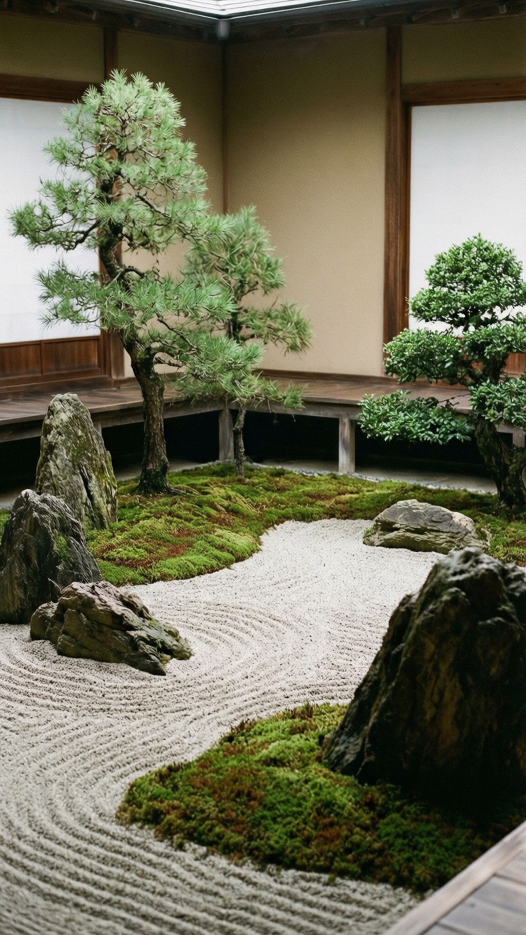Zen Garden Peace 壁紙 — 一個寧靜的日本枯山水庭園，耙成圖案的白砂蜿蜒環繞著苔蘚斑塊和修剪過的松樹，下方是木製亭子。