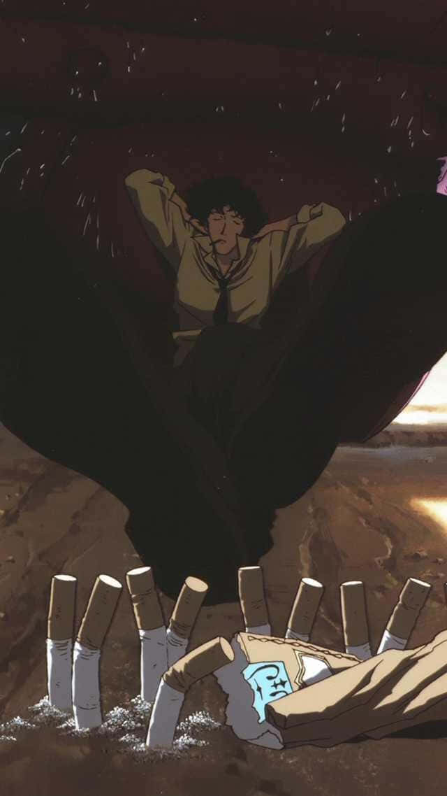  壁紙 — 一個疲憊的動漫男子抓著頭，巨大的手從地面冒出，壓碎冒煙的香煙包。