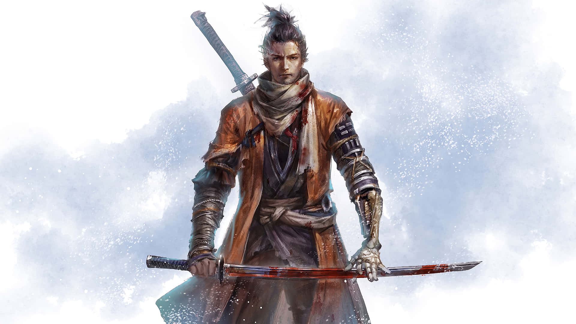  壁紙 — 一個疲憊的武士戰士手持血劍，挑釁地站在暴風雨的天空下。