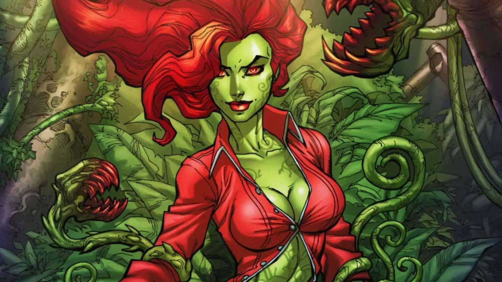  壁紙 — 一個皮膚綠色、頭髮火紅、身穿紅色外套的兇猛女人，站在茂密叢林中威脅性的食肉植物之間。