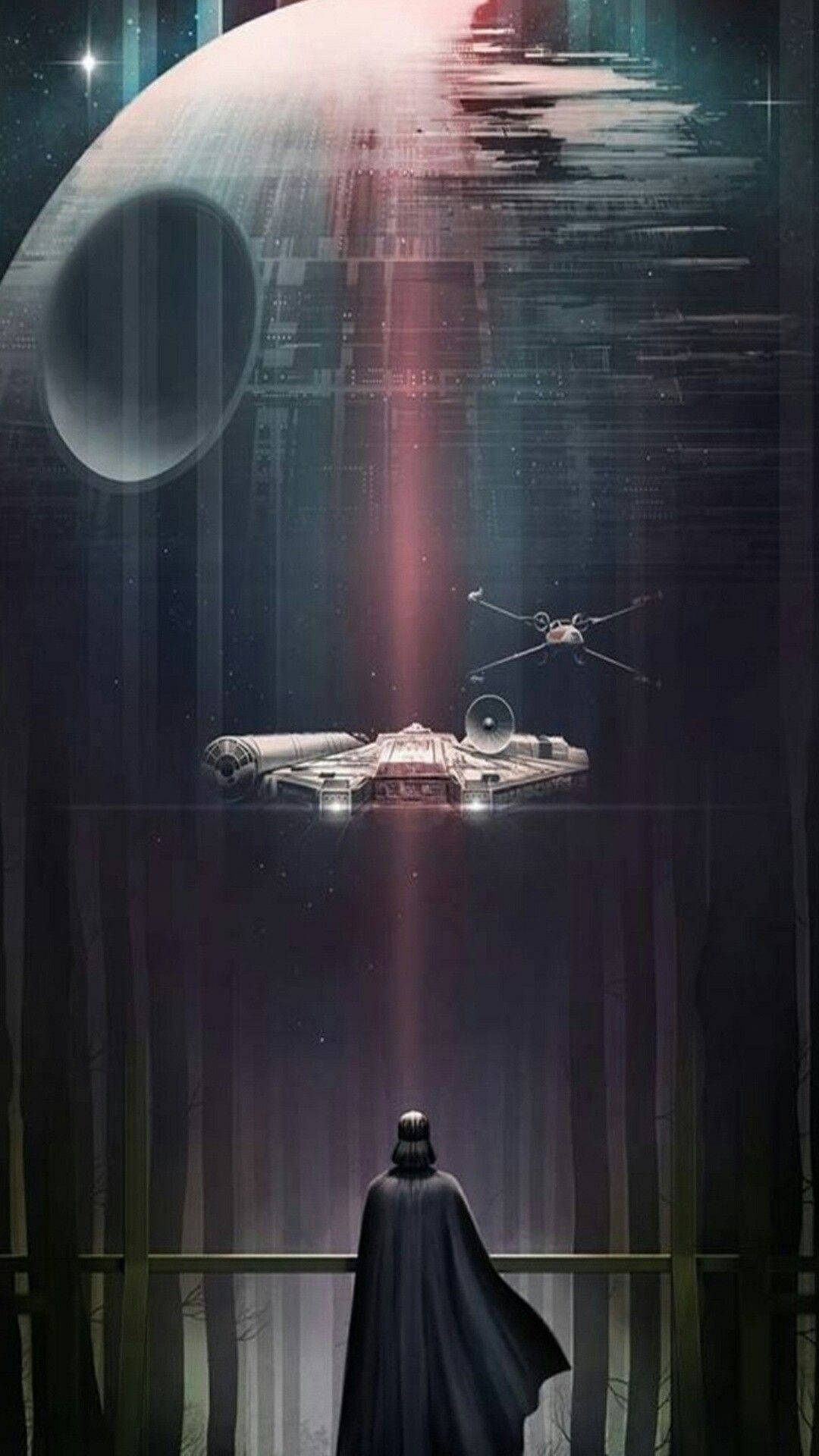 一個披著斗篷的身影在故障效果的太空場景中觀看星艦飛向死星。 — 星際大戰 壁紙