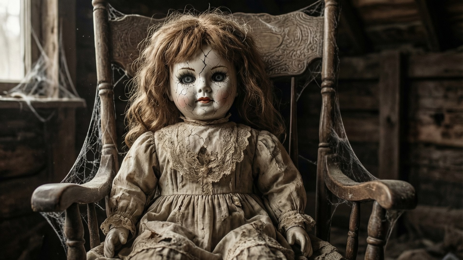 Doll of Despair 壁紙 — 一個破裂的瓷娃娃，頭髮蓬亂，坐在一張佈滿蜘蛛網的破舊木搖椅上。